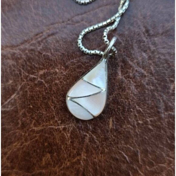 Double Sided Zuni Fish Scale Inlay Silver Pendant Turquoise & Mother of Pearl - Picture 4 of 9